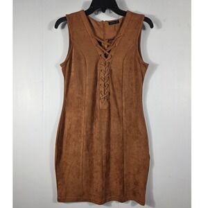 CALS Womens Faux Suede Lace Up Mini Dress Cognac Brown Sleeveless Bodycon Boho